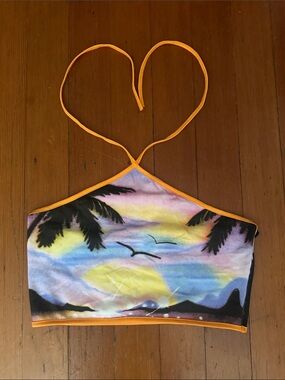 Forever 21 Halter Crop Top Tropical Beach Sunset Palm Tree Colorful Graphic